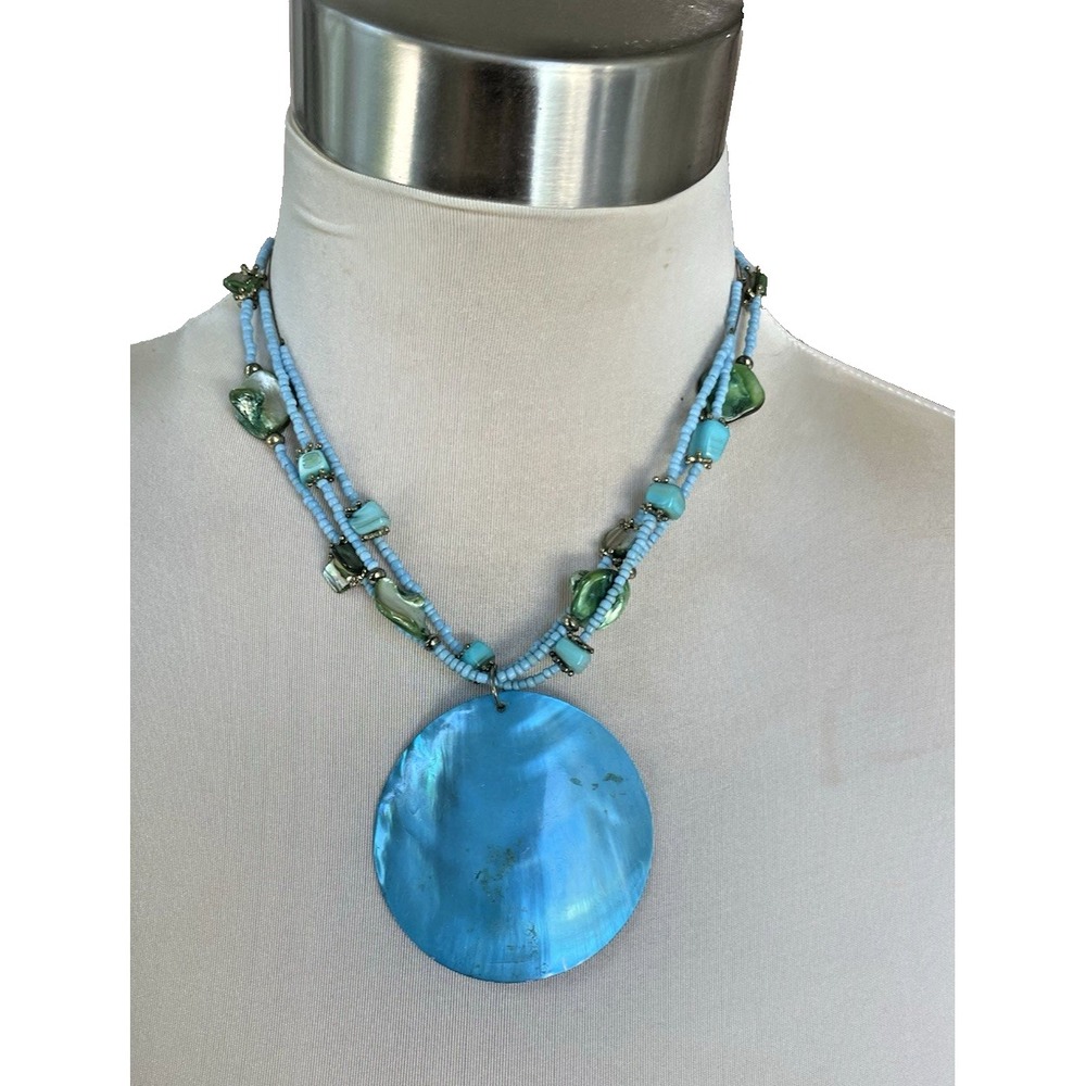 Fashion Jewelry Blue Shell Pendant & Seed Bead Necklace 11"